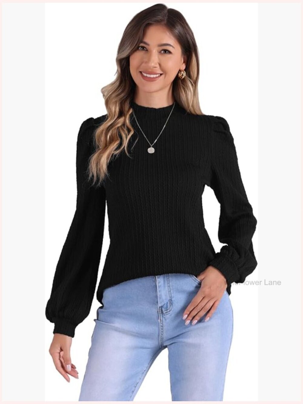 Mock Neck Puff Sleeve Tunic Blouse Long Sleeve Relaxed Fit Work Casual Top